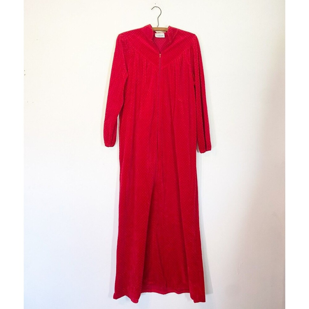Vintage It s A Charm Red Velour Zip Up Robe Textured Full Length House Coat